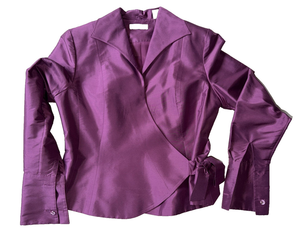 Kate Hill Silk Wrap Blouse Purple Plum Women’s 4 Shoulder Pad Top